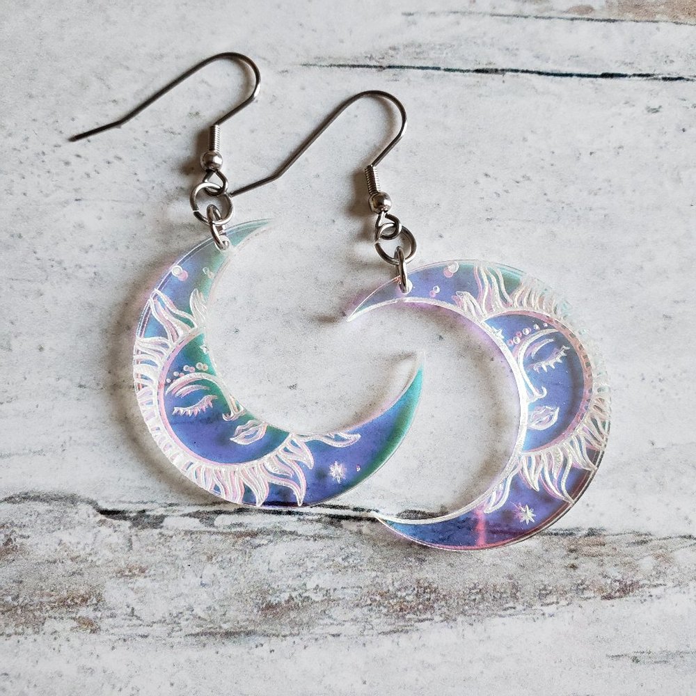 Celestial Crescent Moon Dangle Earrings, Rainbow Iridescent Acrylic, Han…